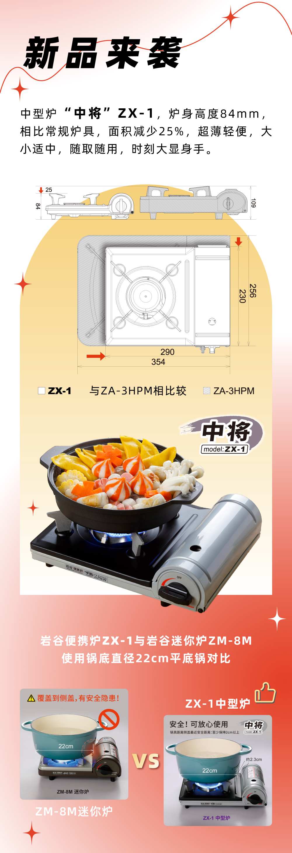 巖谷便攜爐ZX-1，爐身高度84mm，相比常規(guī)爐具，面積減少25%，
超薄輕便，大小適中，隨取隨用，時刻大顯身手。